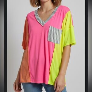 BIBI Neon Color Block V-Neck Top - NWT - 2XL